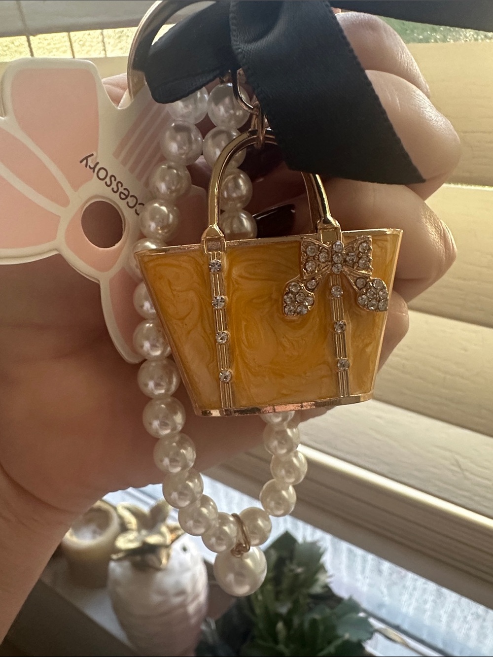 Yellow Handbag Keychain with Pearl-Accent and Black Bow - Picture 5 of 5